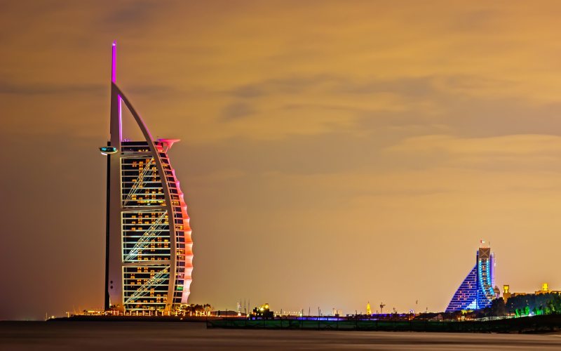 Night view of Burj Al Arab hotel in Dubai.