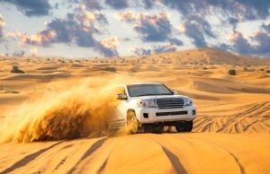 Dune bashing car at Dubai Desert Safari.